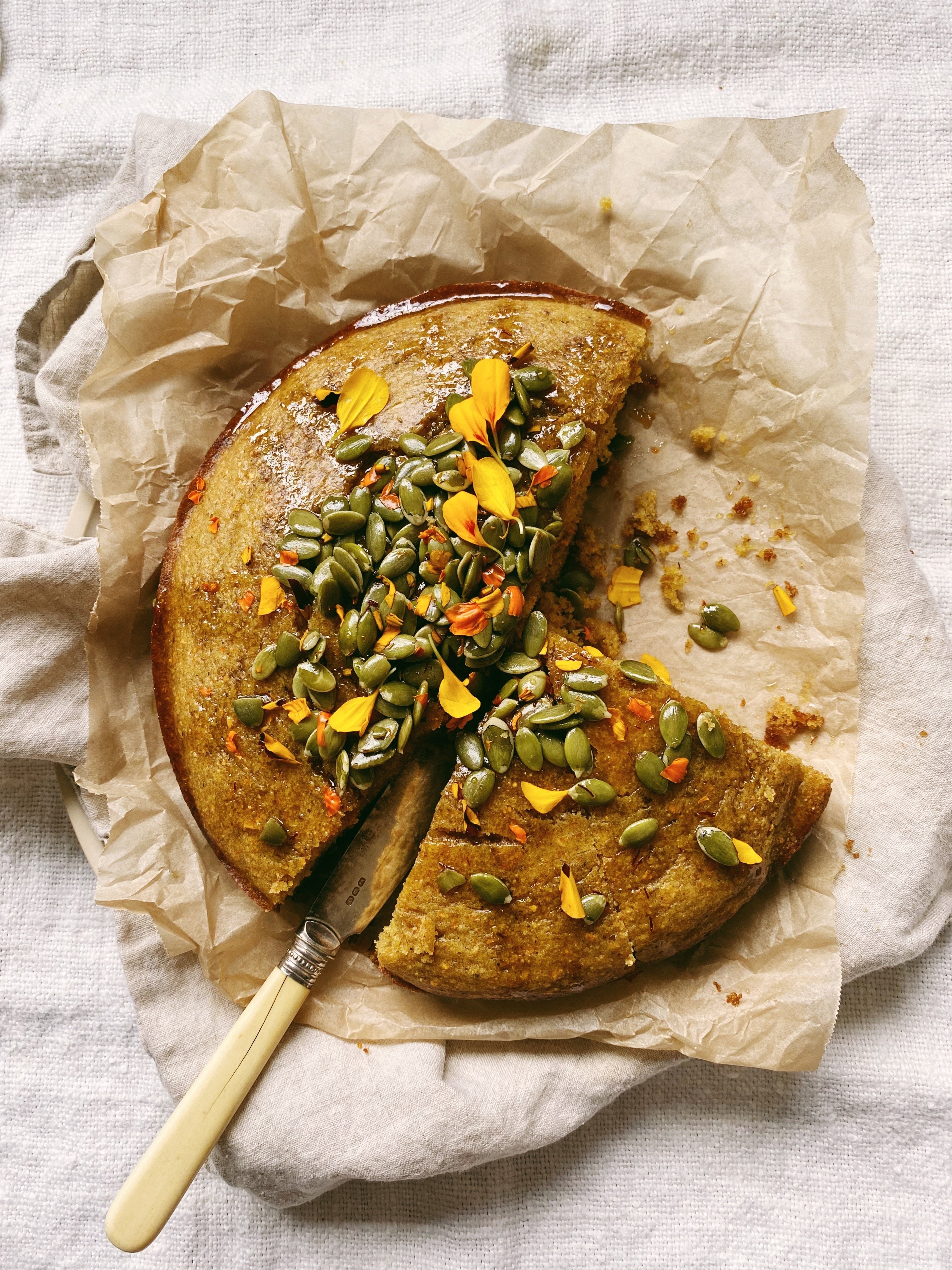 Olive Oil Cornbread with Warm Saffron Honey & Pumpkin Seeds