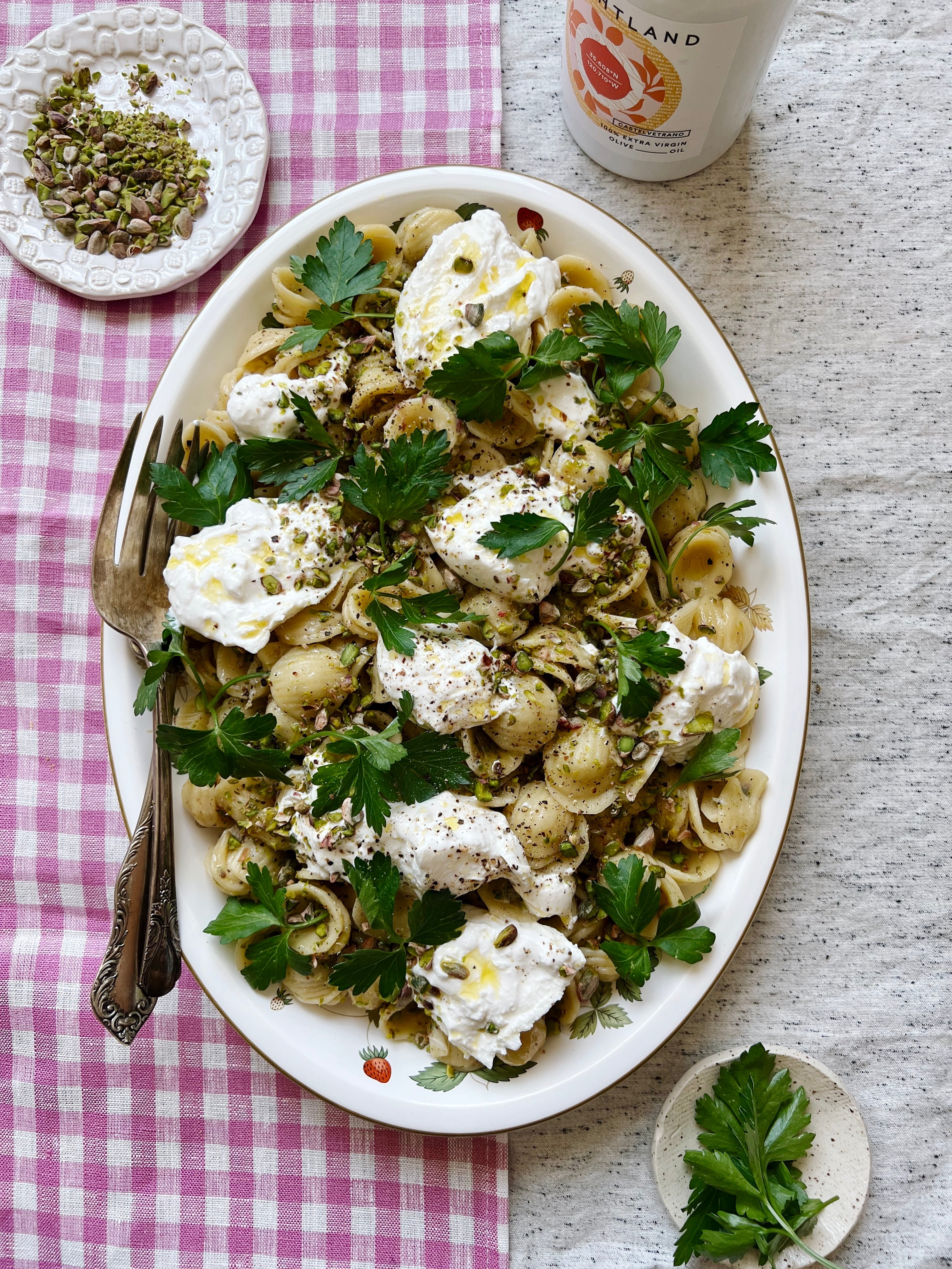 Peppery Orecchiette with Burrata & Pistachios
