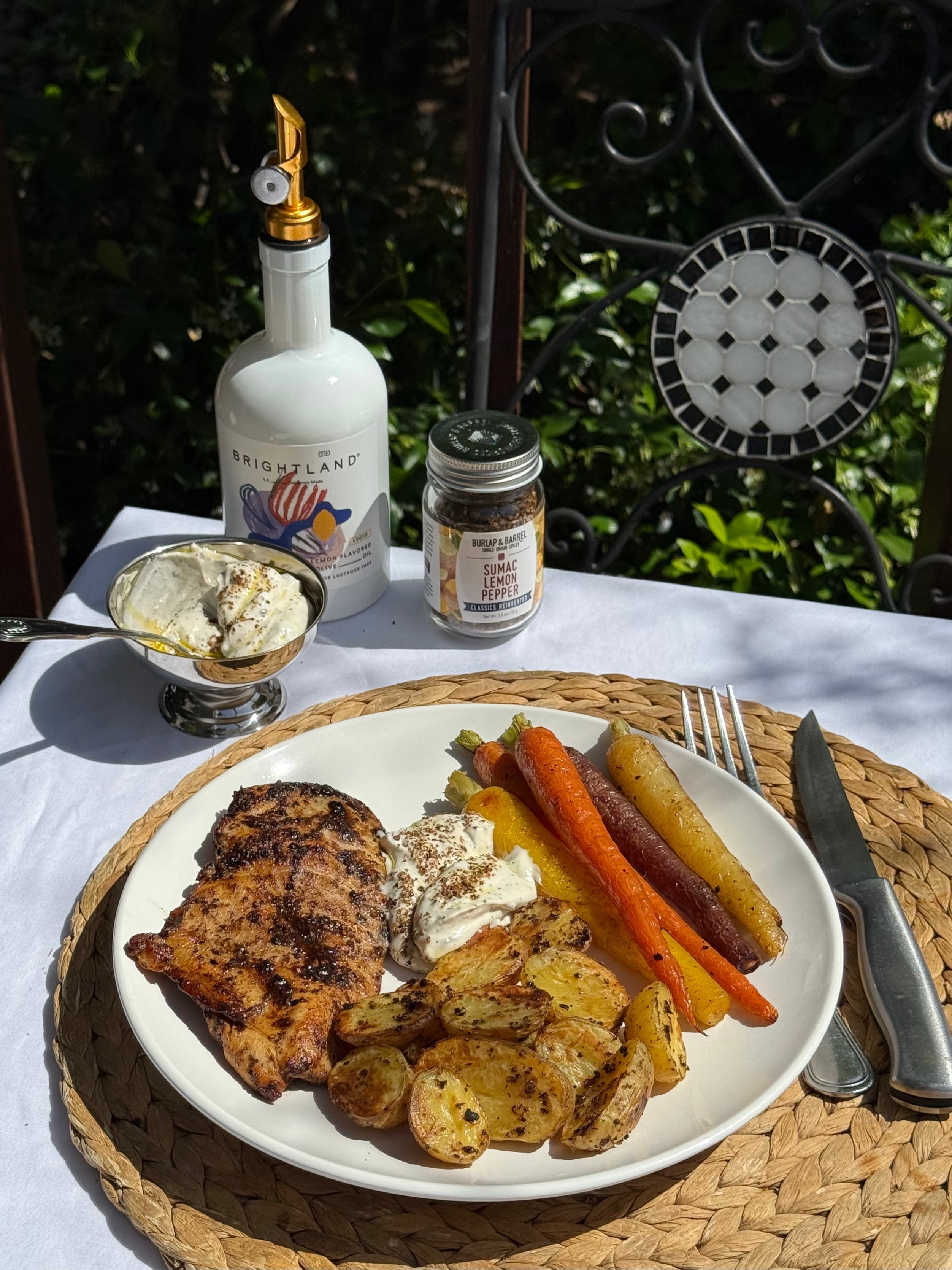 Sumac Lemon Pepper Chicken & Roast Potatoes with Lemony Yogurt Dip