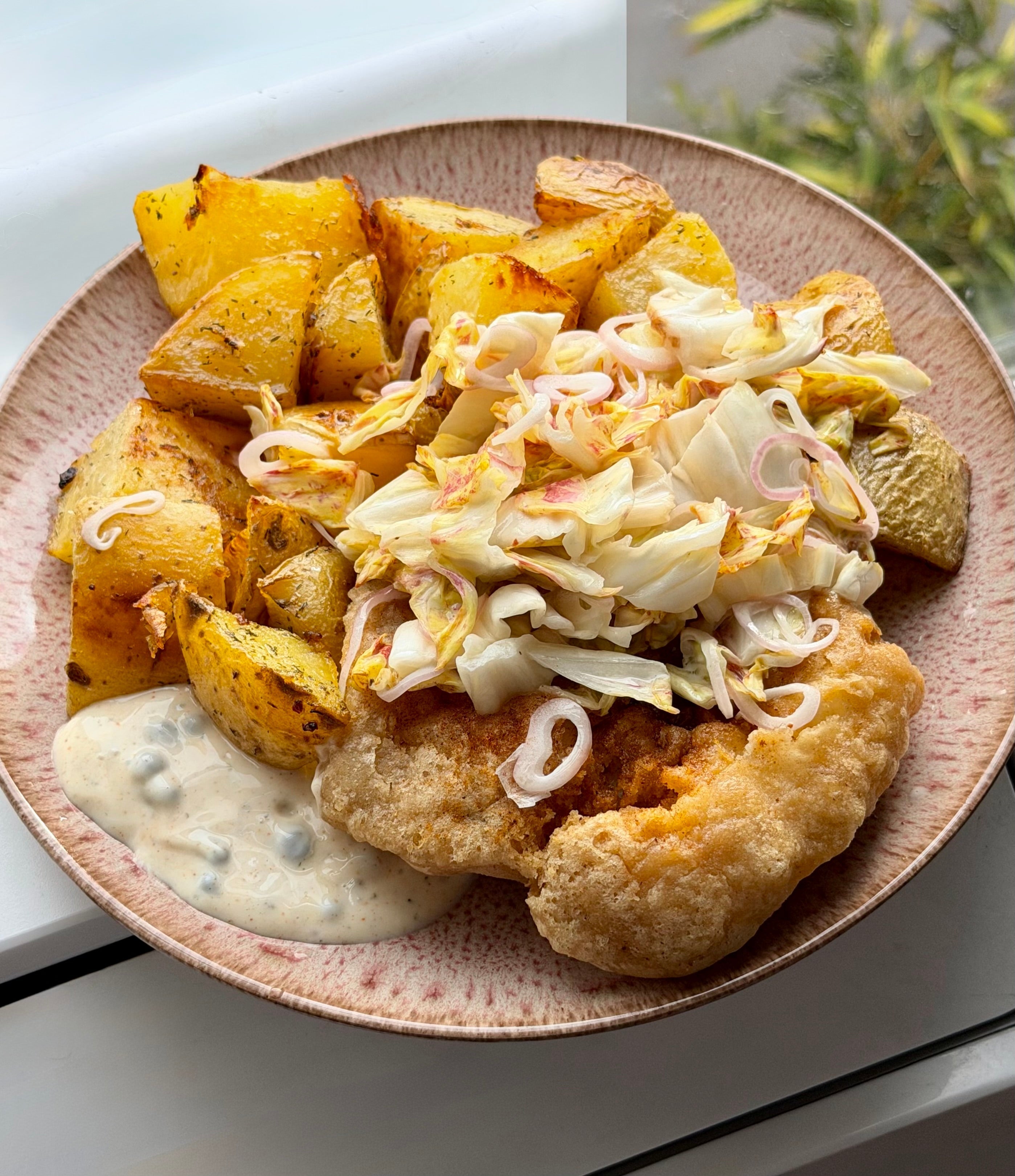 Fancy Fish & Chips with Radicchio Ancho Chili Vinegar Slaw