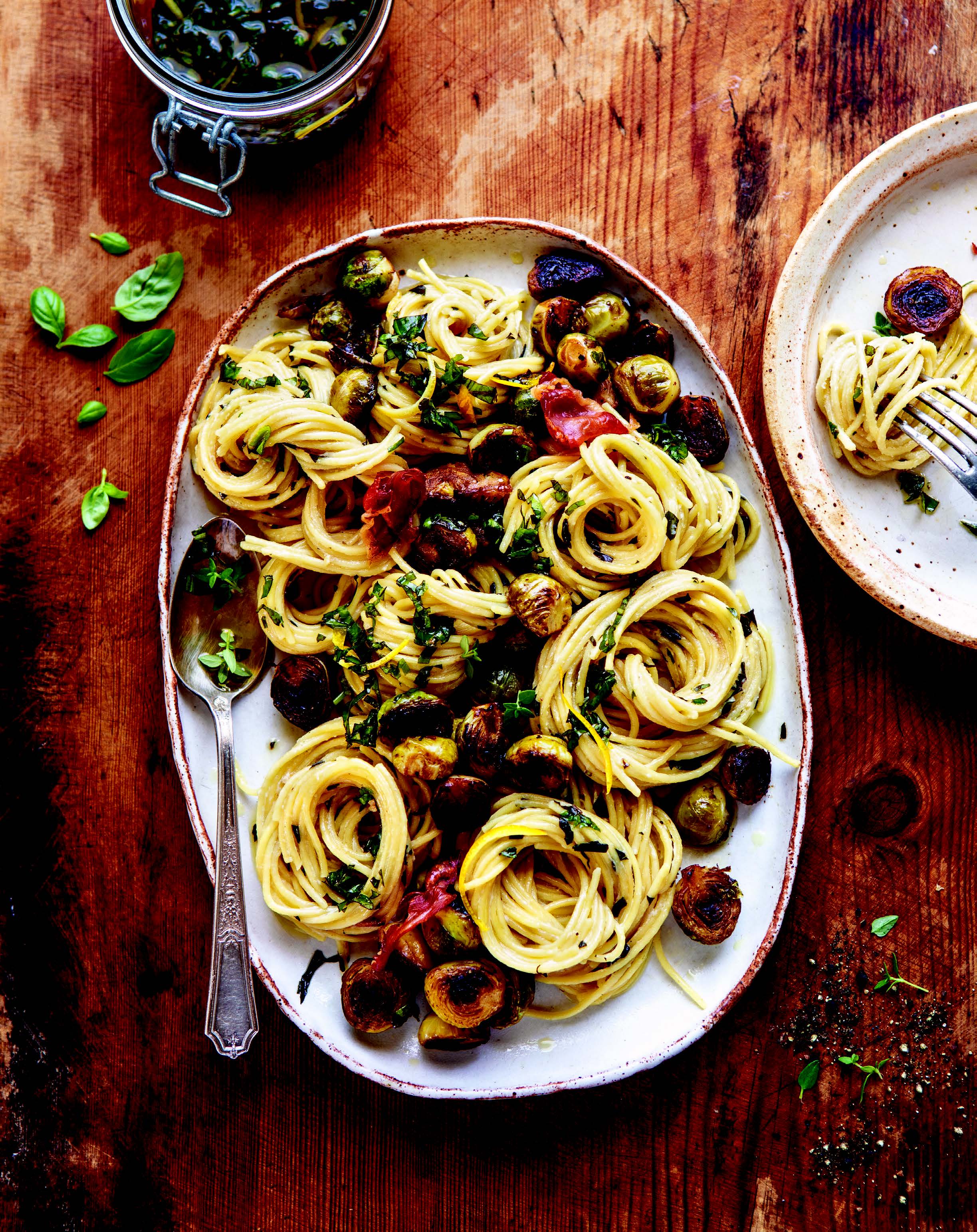 Lemon Basil Pasta with Balsamic Brussels Sprouts