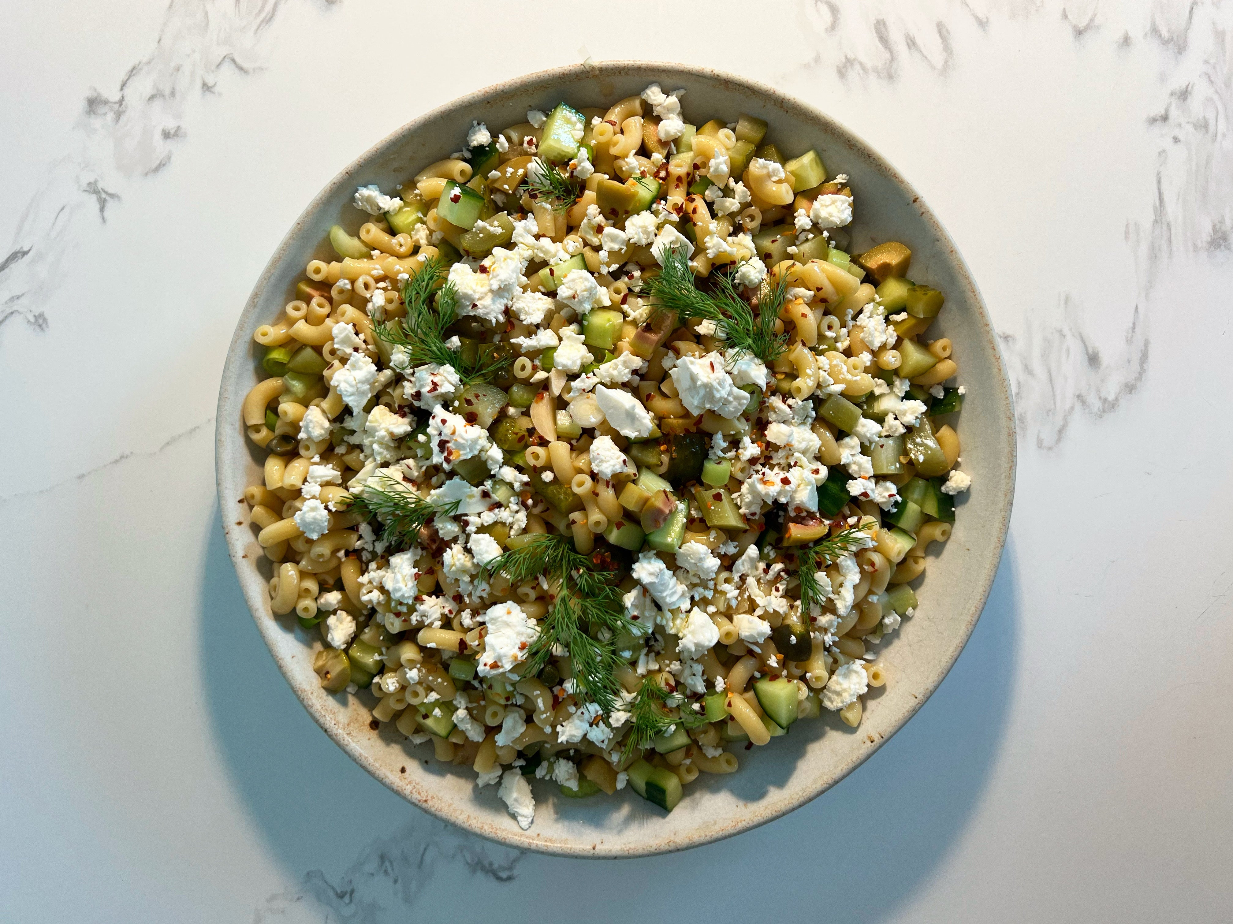 Greek-ish Green Pasta Salad