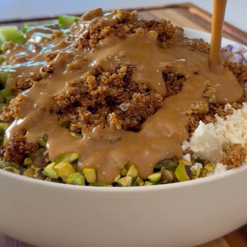 Crispy Quinoa Cucumber Chickpea Salad with Creamy Tahini Balsamic Dressing