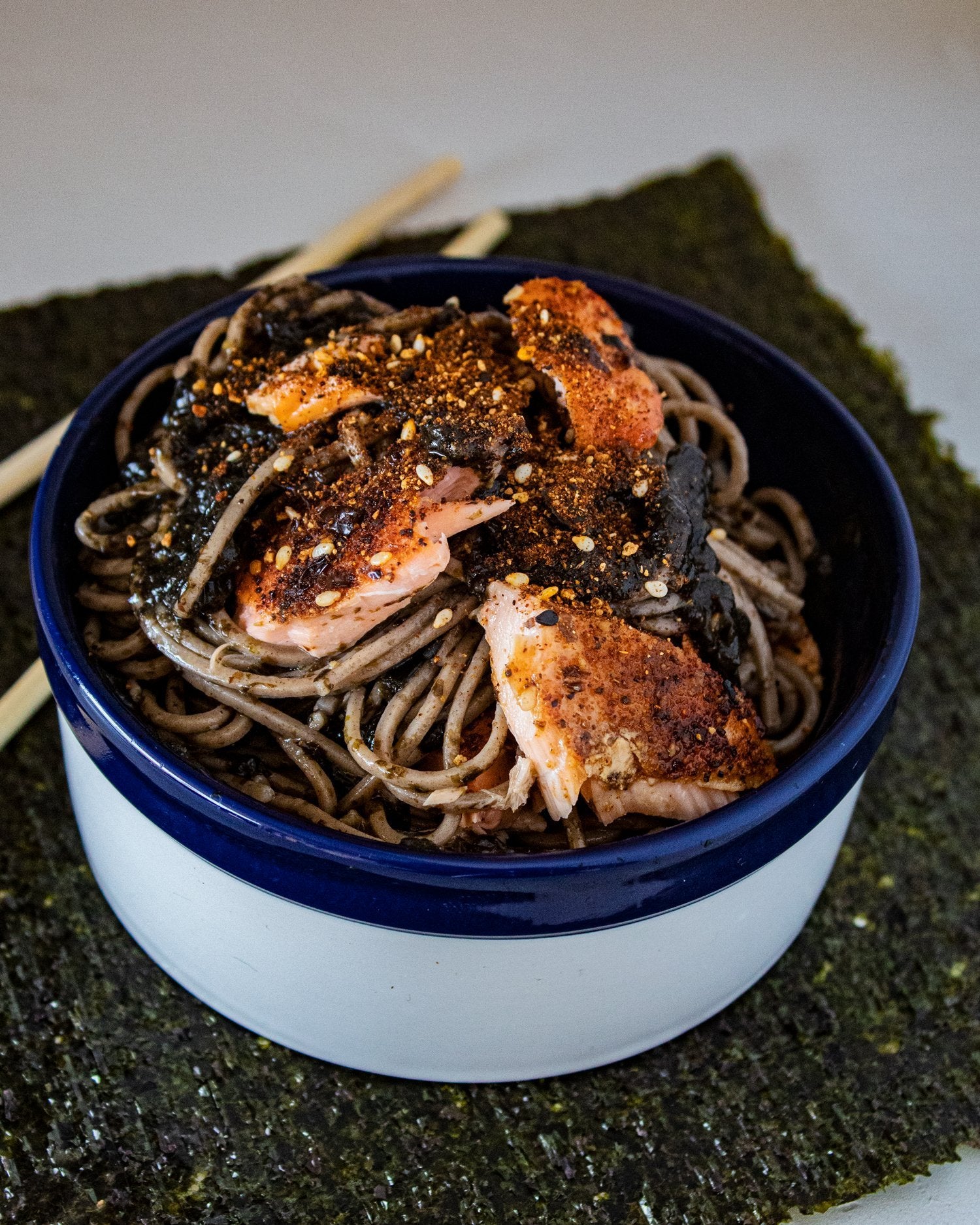 Cedar Planked Togarashi Salmon with Nori Pesto