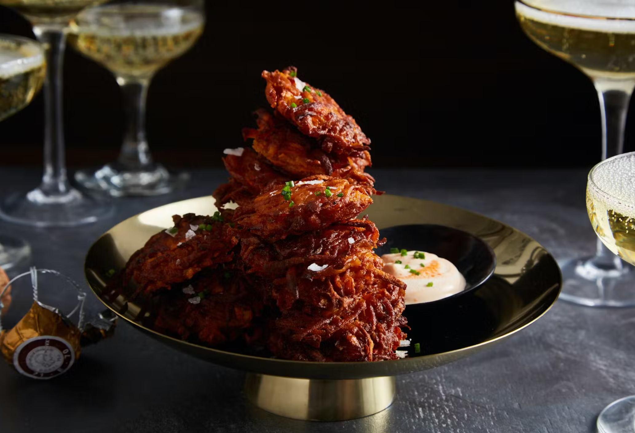 Sweet Potato Latkes with Sriracha Creme Fraiche