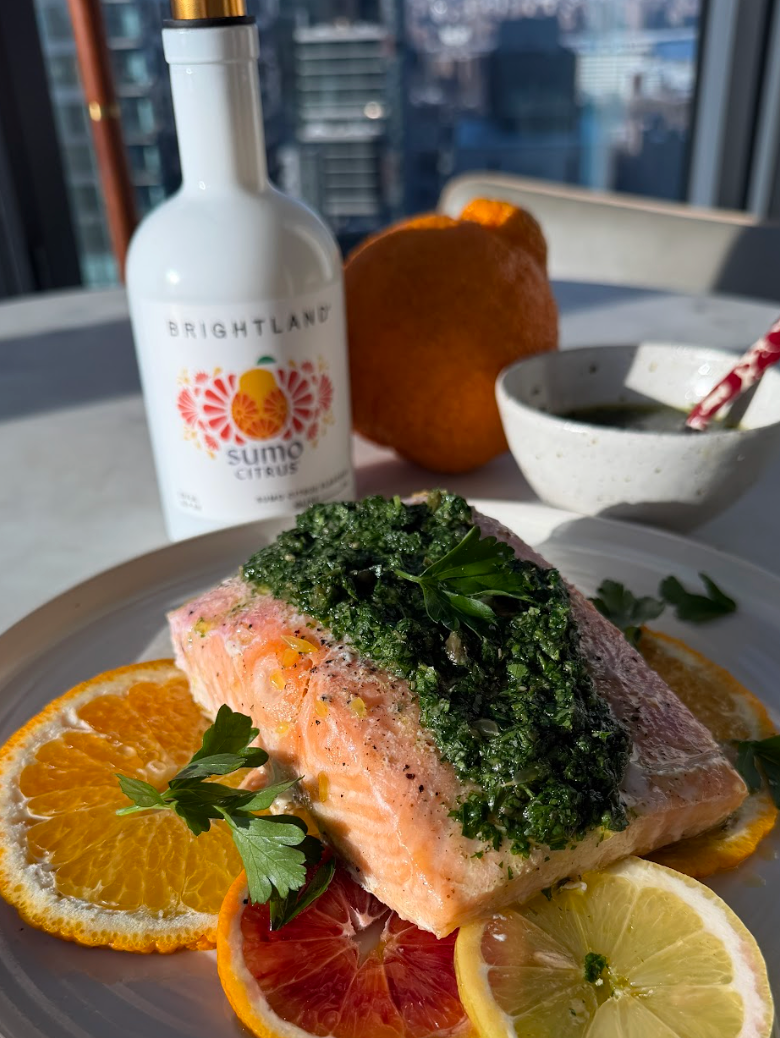 Slow Roasted Salmon with Sumo Citrus Salsa Verde