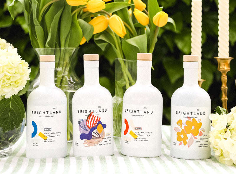 Pictured left to right: Alive, Lucid, Awake, Arise olive oil from Brightland.