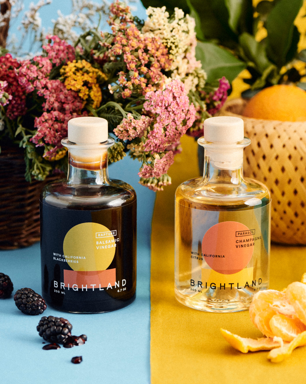 Left: Rapture balsamic vinegar w/blackberries. Right: Parasol vinegar with orange peels.