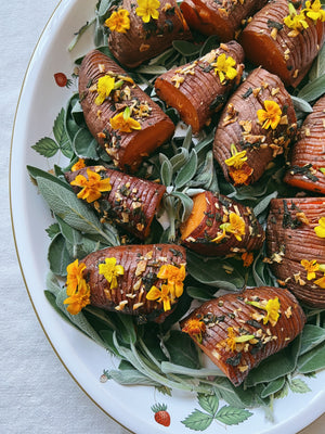 Hasselback Sweet Potatoes with Garlic and Sage