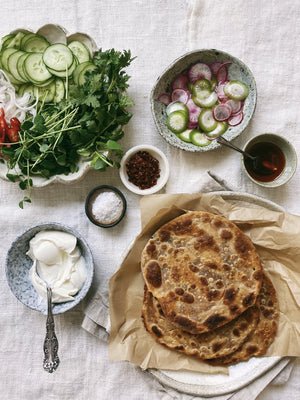 ARDOR Parathas with Quick Pickled Radishes, Crunchy Salad, and Labneh