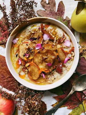 Cardamom and Vanilla Oat Porridge with Cinnamon and Olive Oil Roasted Apples
