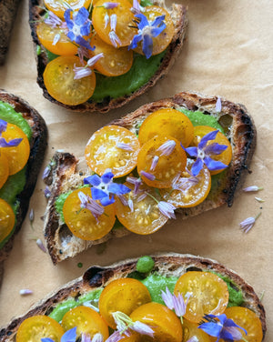 Green Chutney Toasts with Chaat Masala Sungold Tomatoes
