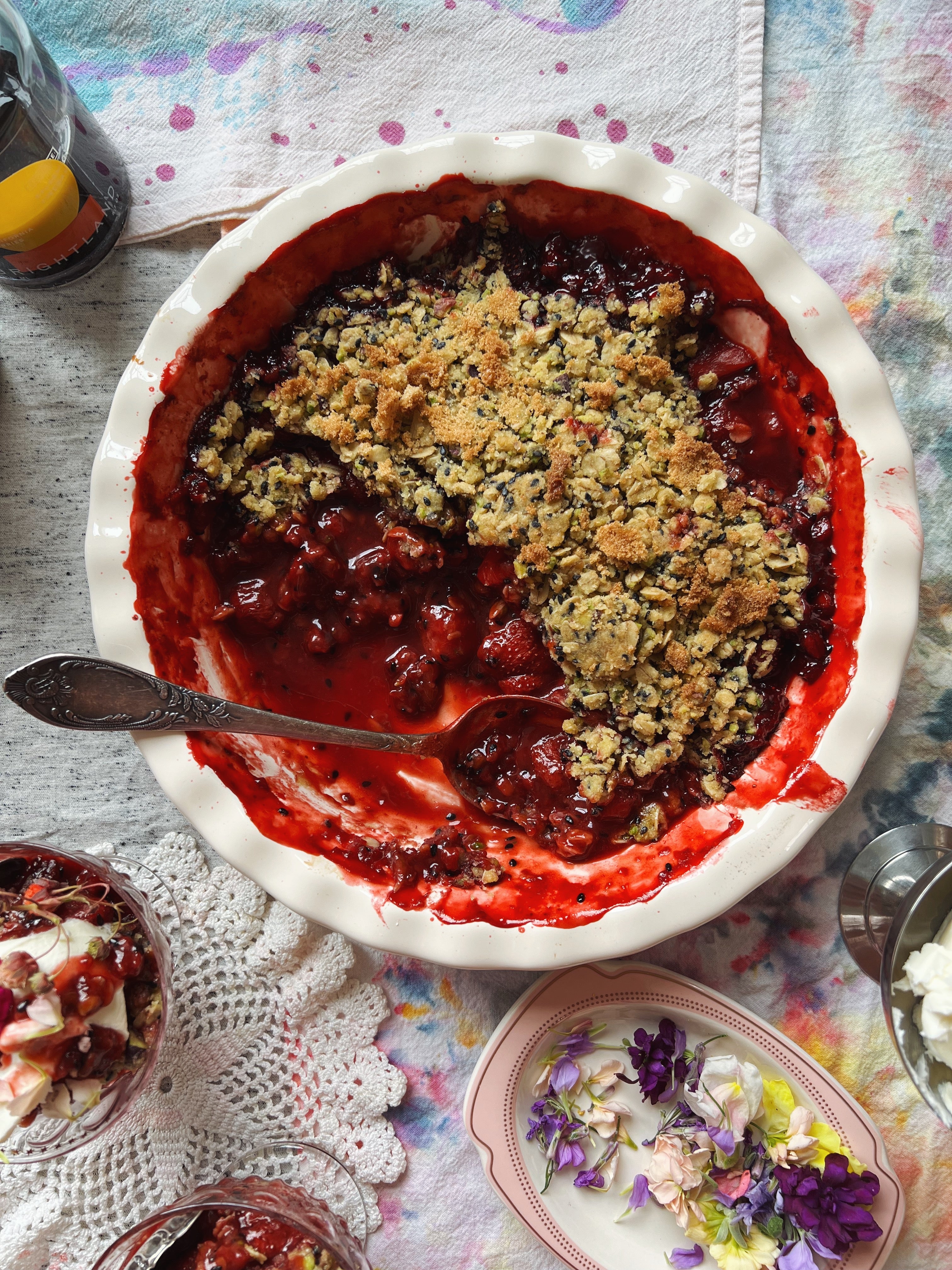 Strawberry Crumble with Pistachio, Black Sesame & Olive Oil Topping