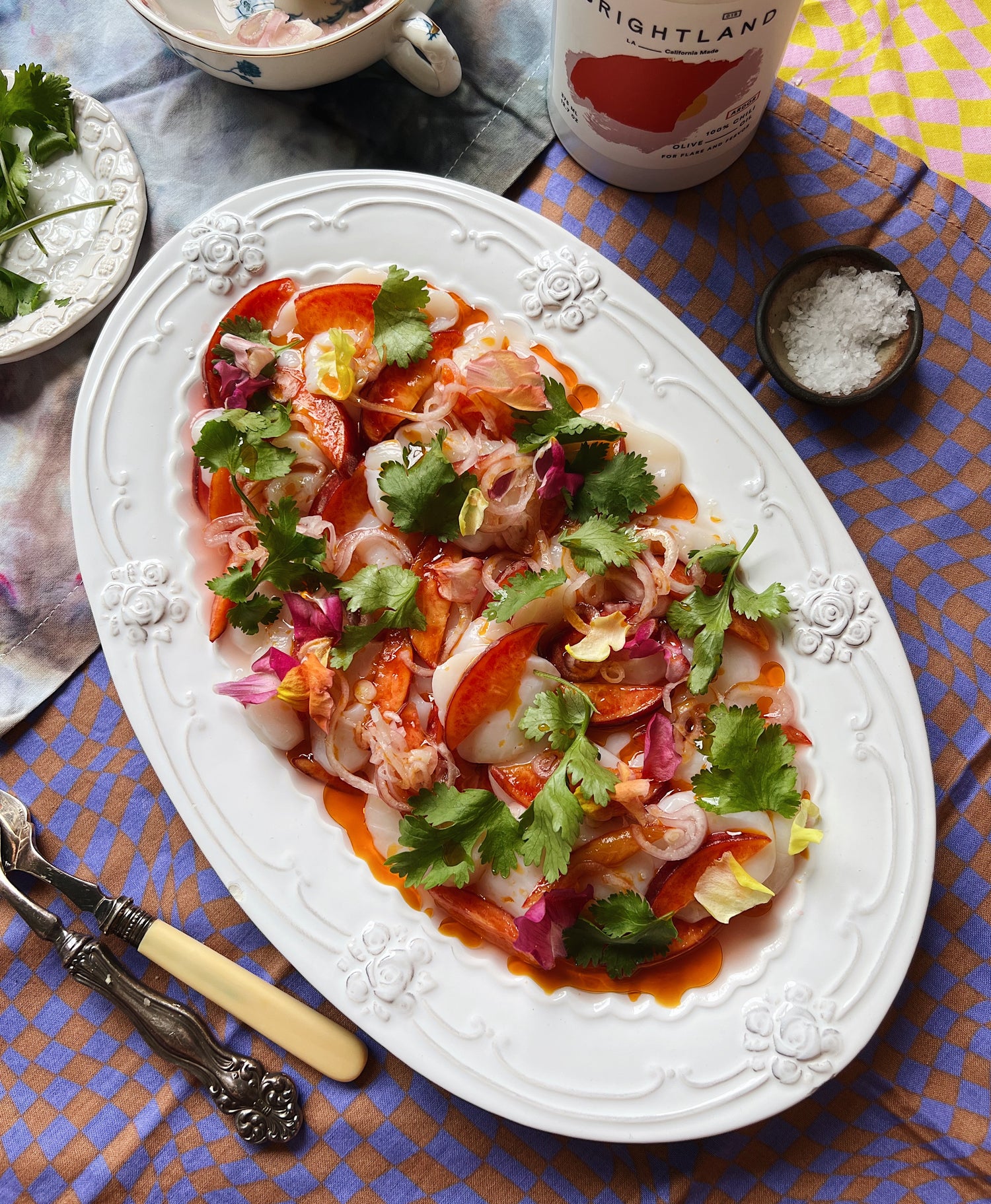 Scallop Crudo with Peaches & Lime-Marinated Shallots